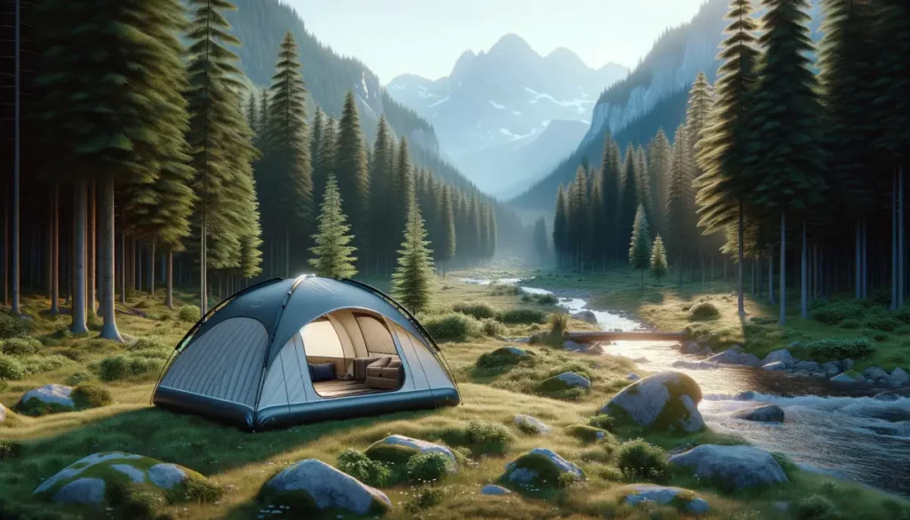 Kleines aufblasbares Zelt am Rande der Alpen